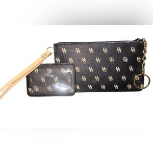 Dooney & Bourke Black and Tan Monogram Wristlet with ID Case set